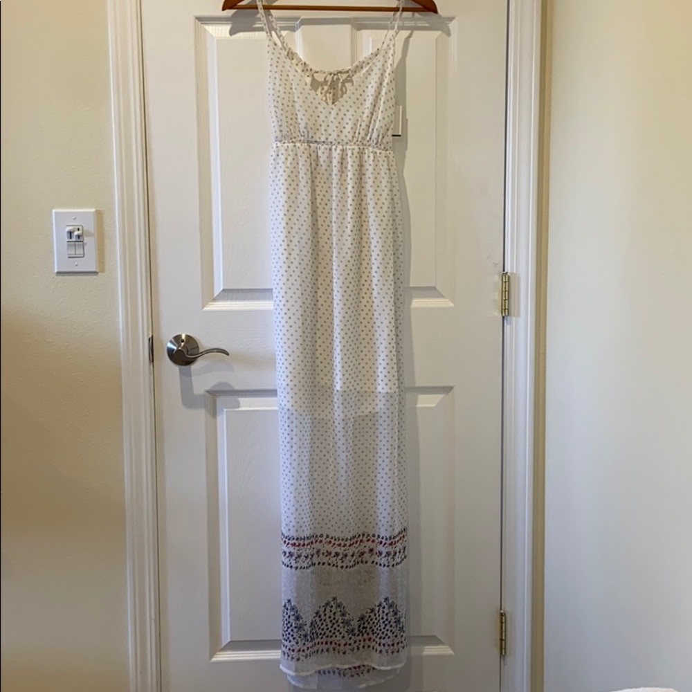 White Maxi Dress with Red & Blue Floral Accent